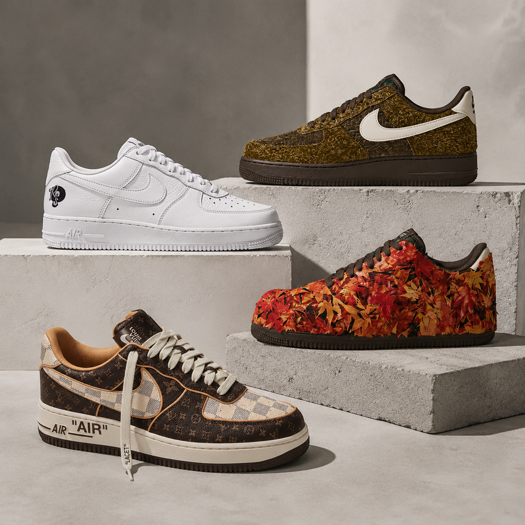 Four custom Nike Air Force 1 sneakers displayed on concrete platforms in white, brown and autumn-inspired colorways
