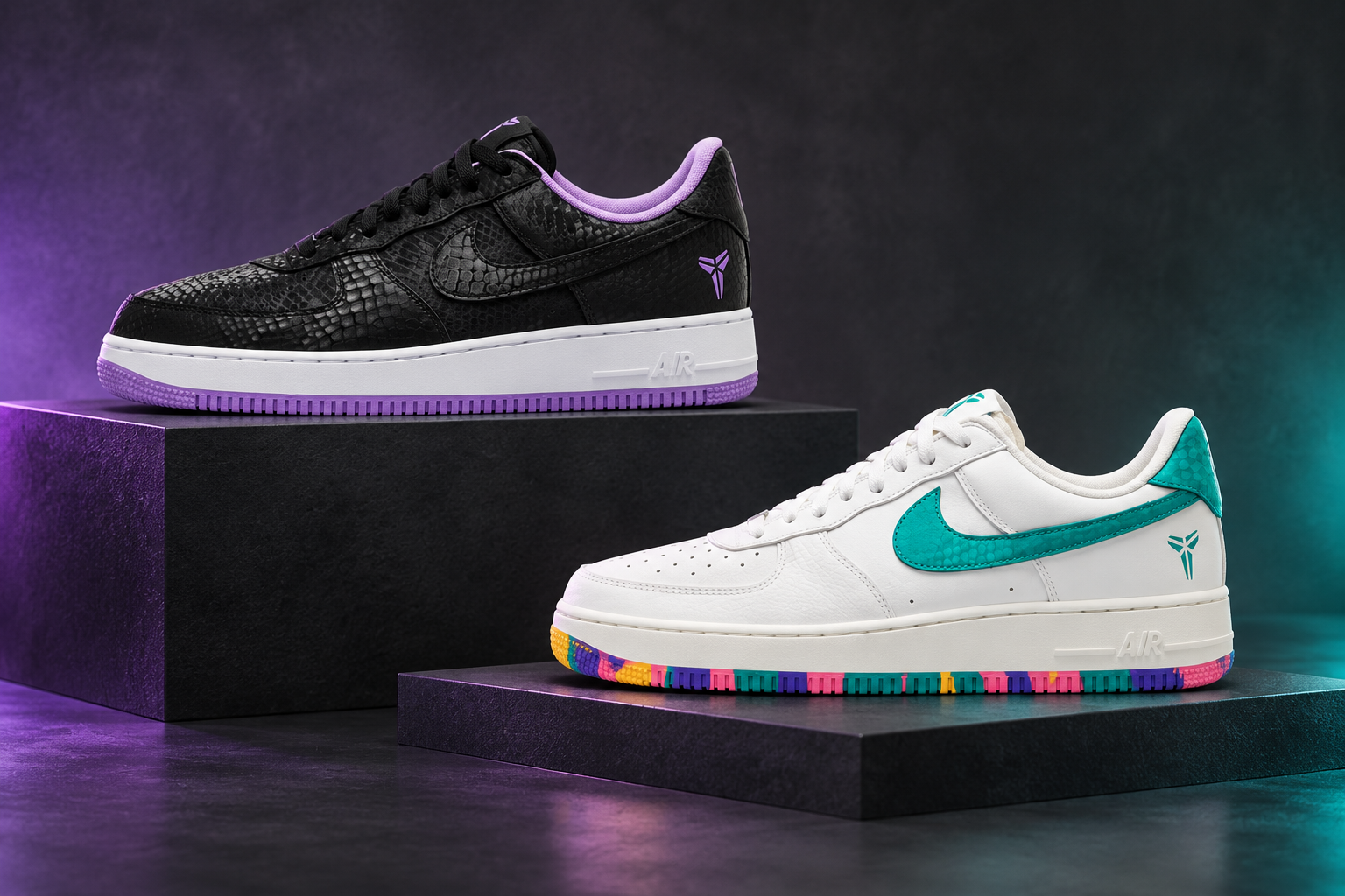 Black and Sail emerald green Kobe Air Force 1 sneakers together in an IKNO editorial composition