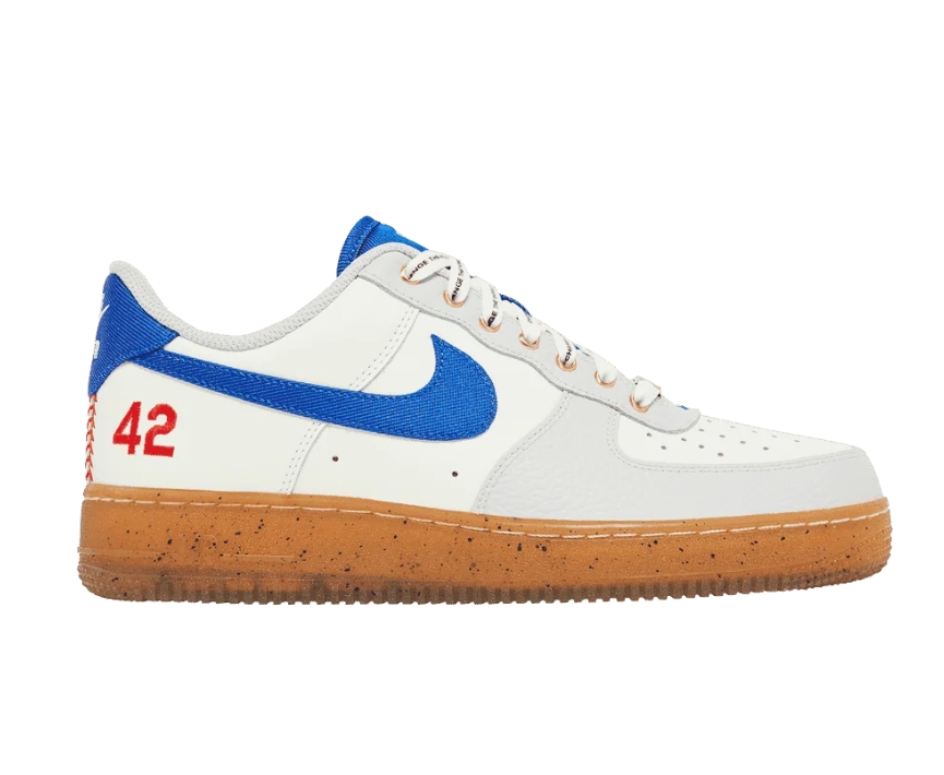 Nike Air Force 1 Low Jackie Robinson in white and blue with red 42 and gum sole