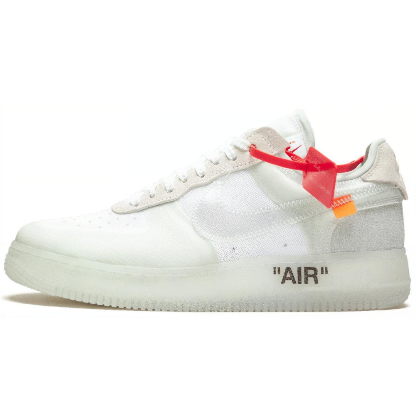 White Off-White and Nike Air Force 1 with orange tab and AIR text