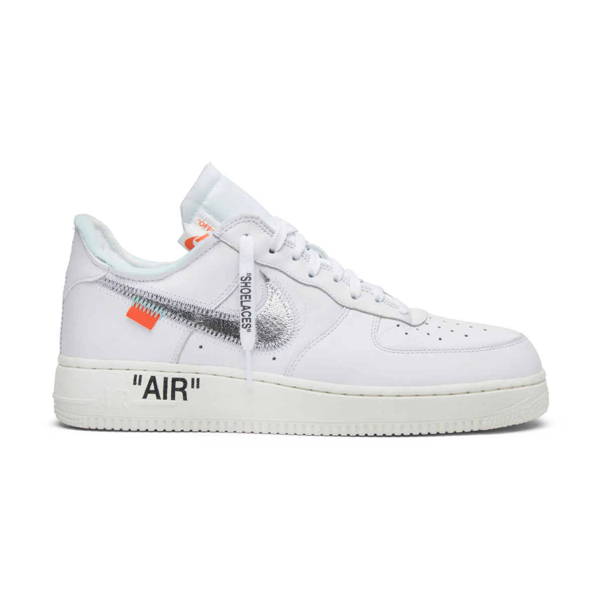 White Off-White and Nike Air Force 1 with metallic silver swoosh