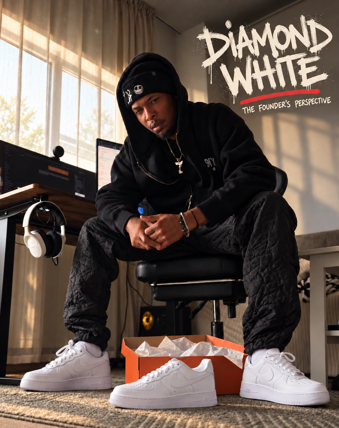 Flex at his workspace wearing white Air Force 1s beside a fresh pair and open shoebox, with Diamond White lettering.