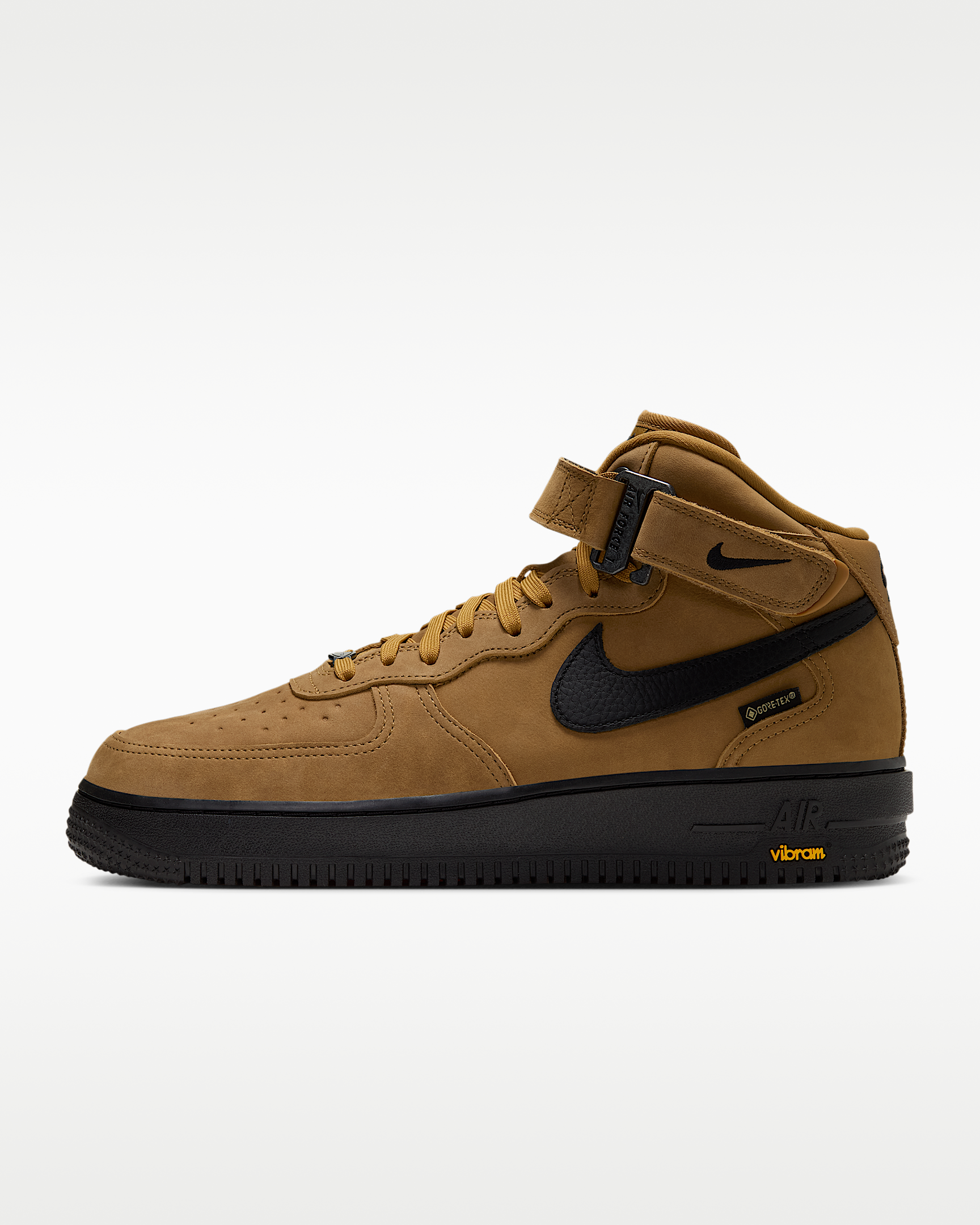 Nike Air Force 1 Mid GORE-TEX Vibram Wheat with black sole and orange details