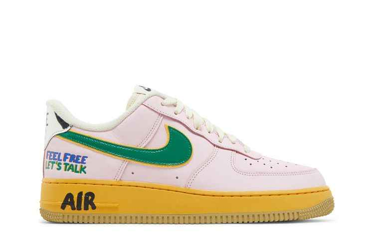 Nike Air Force 1 Feel Free Let’s Talk with pink upper, green Swoosh and yellow sole